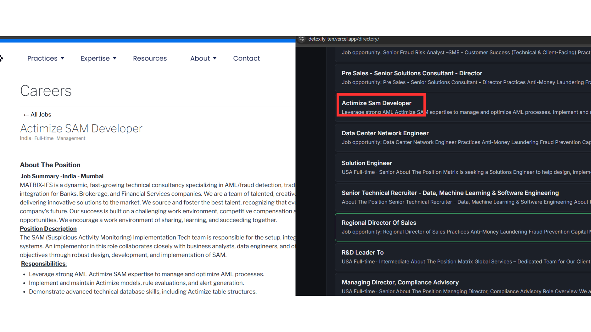 Screenshot of Detoxify's job directory interface showing listings pulled directly from company career pages